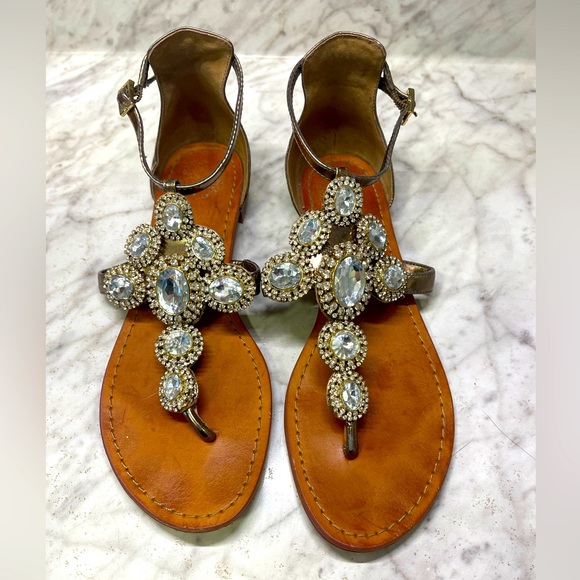 Vince Camuto Shoes - Vince Camuto gold w/ rhinestones strappy sandals, size 7 1/2 gently worn